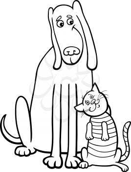 Black and White Cartoon Illustration of Funny Dog and Cute Tabby Cat in Friendship for Coloring Book