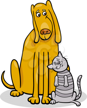 Cartoon Illustration of Funny Dog and Cute Tabby Cat in Friendship