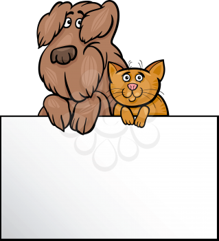 Cartoon Illustration of Cute Shaggy Dog and Cat with White Card or Board Greeting or Business Card Design