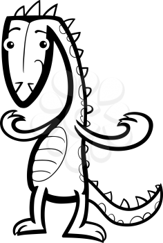 Black and White Cartoon Illustration of Funny Lizard or Dinosaur or Fantasy Dragon for Coloring Book