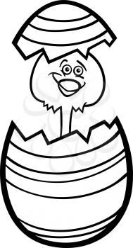 Black and White Cartoon Illustration of Funny Little Chicken or Chick in Colorful Eggshell of Easter Egg for Coloring Book