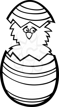 Black and White Cartoon Illustration of Funny Little Chicken or Chick in Colorful Eggshell of Easter Egg for Coloring Book