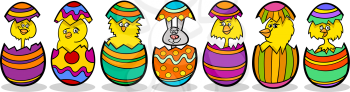 Cartoon Illustration of Six Little Yellow Chickens or Chicks and one Easter Bunny in Colorful Eggshells of Easter Eggs