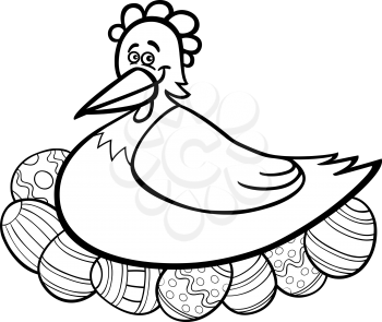 Black and White Cartoon Illustration of Funny Farm Hen Hatching Easter Eggs for Coloring Book
