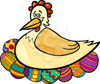 Cartoon Illustration of Funny Farm Hen Hatching Easter Eggs