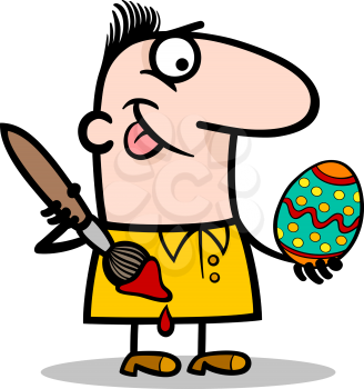 Cartoon Illustration of Funny Man Painting Easter Egg