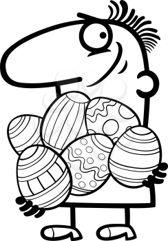 Black and White Cartoon Illustration of Funny Man with Painted Easter Eggs for Coloring Book