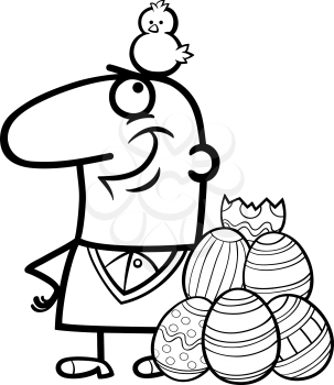 Black and White Cartoon Illustration of Happy Man with Easter Chicken or Chick Hatched from Colored Egg