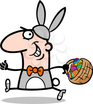 Cartoon Illustration of Funny Man in Easter Bunny Costume running with Easter Eggs in a Basket