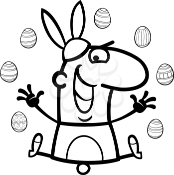Black and White Cartoon Illustration of Funny Man in Easter Bunny Costume with Easter Eggs for Coloring Book