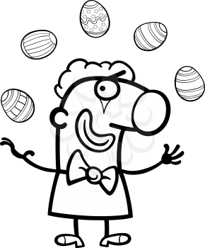 Black and White Cartoon Illustration of Funny Man in Clown Costume juggling Easter Eggs for Coloring Book