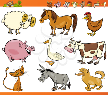 Cartoon Illustration Set of Cheerful Farm and Livestock Animals isolated on White