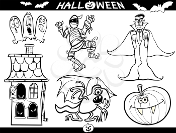 Cartoon Illustration of Halloween Themes, Vampire or Count Dracula, Mummy, Haunted House, Basilisk or Monster, Pumpkin and Ghosts Set for Coloring Book or Page