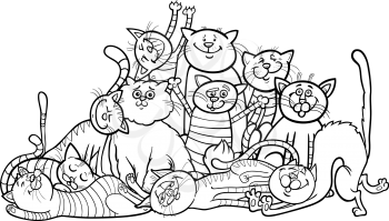 Black and White Cartoon Illustration of Happy Cats or Kittens Group for Coloring Book or Coloring Page