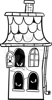 Black and White Cartoon Illustration of Scary Halloween Haunted House for Coloring Book