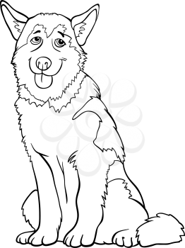 Black and White Cartoon Illustration of Funny Siberian Husky or Alaskan Malamute Dog for Coloring Book