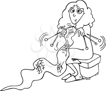 Black and White Cartoon Illustration of Funny Knitter Woman Knitting