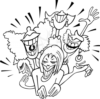 Black and White Cartoon Illustration of Women Group Having Fun and Laughing