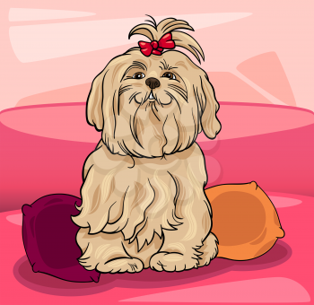 Cartoon Illustration of Cute Maltese Dog with Bow on the Sofa with Pillows