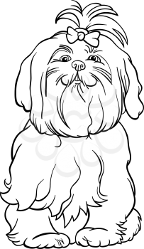Black and White Cartoon Illustration of Cute Maltese Dog with Bow for Coloring Book
