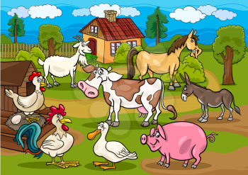 Cartoon Illustration of Rural Scene with Farm Animals Livestock Big Group