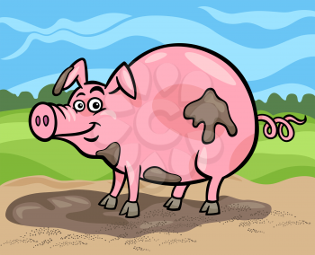 Cartoon Illustration of Funny Comic Pig Farm Animal in Mud