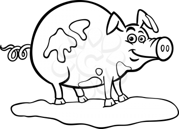 Black and White Cartoon Illustration of Funny Pig Farm Animal in Mud for Coloring Book