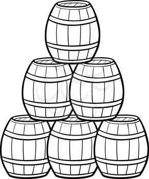 Black and White Cartoon Illustration of Wooden Barrels in a Heap
