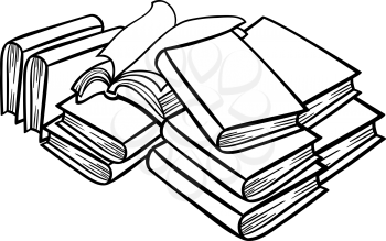 Black and White Cartoon Illustration of Books in a Heap