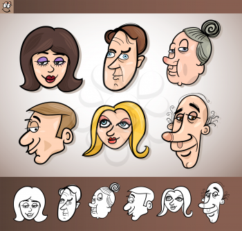 Cartoon Illustration of Funny People Set with Men and Women Heads plus Black and White versions