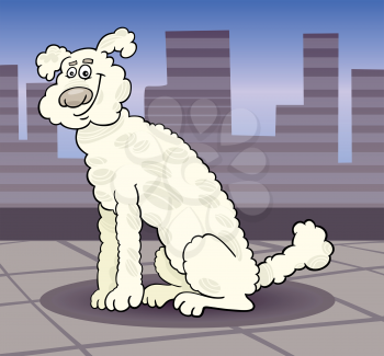 Cartoon Illustration of Cute White or Beige Poodle Dog against Urban Landscape
