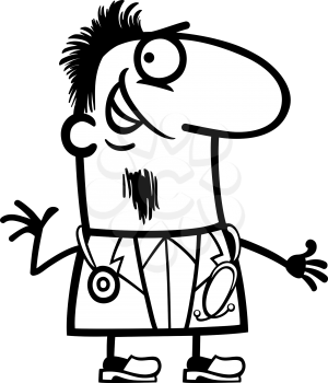 Black and White Cartoon Illustration of Funny Male Doctor with Stethoscope Profession Occupation for Coloring Book