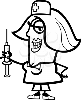 Black and White Cartoon Illustration of Funny Female Nurse with Syringe Profession Occupation for Coloring Book