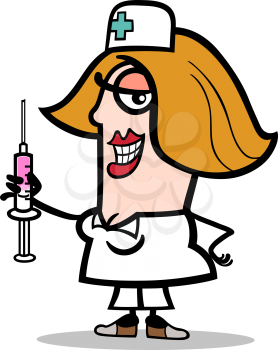 Cartoon Illustration of Funny Female Nurse with Syringe Profession Occupation