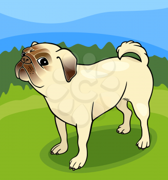 Cartoon Illustration of Cute Pug Dog against Blue Sky and Green Grass
