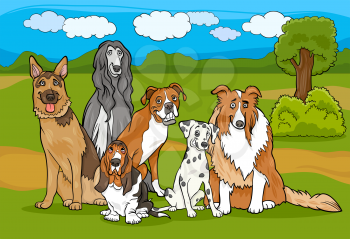 Cartoon Illustration of Cute Purebred Dogs or Puppies Group against Rural Landscape or Park Scene