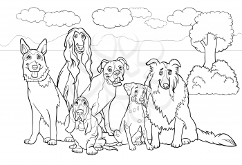 Black and White Cartoon Illustration of Cute Purebred Dogs or Puppies Group against Rural Landscape or Park Scene for Coloring Book