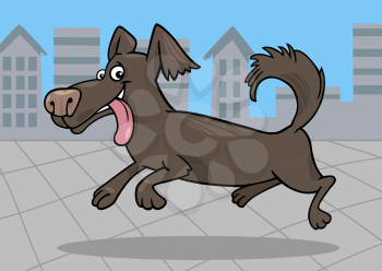 Cartoon Illustration of Funny Little Running Shaggy Dog against Blue Sky and Urban Scene with City View