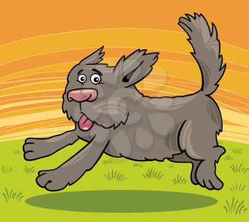 Cartoon Illustration of Funny Running Shaggy Dog against Rural Scene