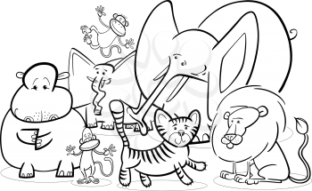 Black and White Cartoon Illustration of Cute African Safari Wild Animals Group for Coloring Book