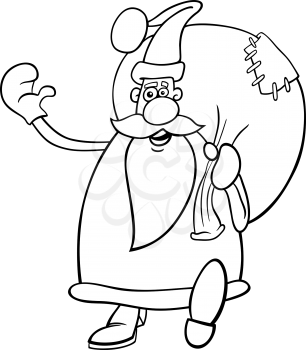 Cartoon Illustration of Funny Santa Claus or Papa Noel or Father Christmas with Sack full of Presents for Coloring Book
