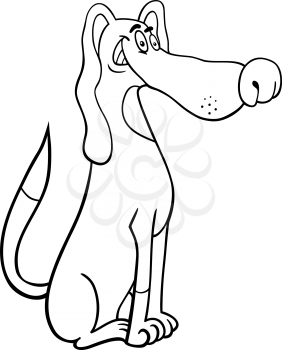 Black and White Cartoon Illustration of Funny Sitting Spotted Dog for Coloring Book