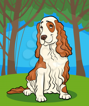 Cartoon Illustration of Funny Cocker Spaniel Dog against Rural Scene with Blue Sky and Trees