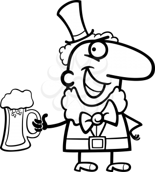 Black and White Cartoon Illustration of Happy Leprechaun with Pint of Beer on St Patricks Day Holiday for Coloring Book