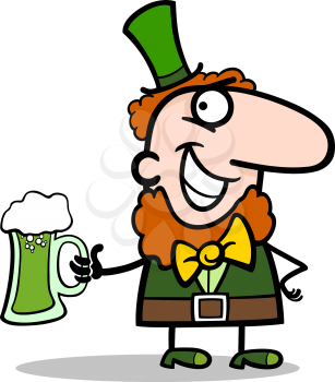 Cartoon Illustration of Happy Leprechaun with Pint of Green Beer on St Patrick Day Holiday