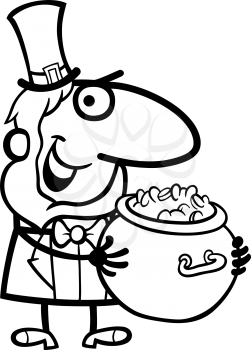 Black and White Cartoon Illustration of Happy Leprechaun with Pot of Gold on St Patricks Day Holiday for Coloring Book