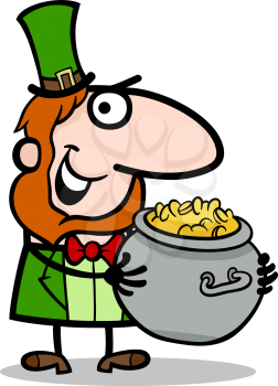 Cartoon Illustration of Happy Leprechaun with Pot of Gold on St Patrick Day Holiday