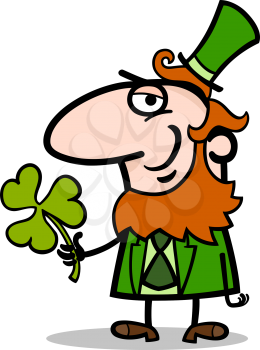 Cartoon Illustration of Happy Leprechaun with Green Clover or Trefoil on St Patrick Day Holiday