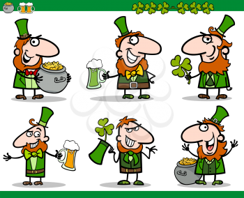 Cartoon Illustration of Happy Men in Green Costume or Leprechaun and Saint Patrick Day Themes with Clover, Beer and Pot of Gold