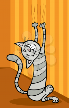 Cartoon Illustration of Funny Tabby Cat Scratching the Wall